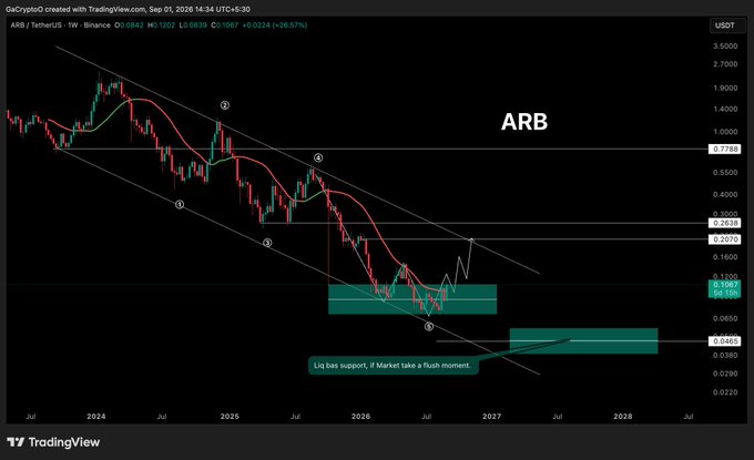 A TradingView weekly candlestick chart of ARB/USDT on Binance shows a completed Elliott wave downtrend with price currently at $0.0862, displaying a descending channel pattern since 2024 with key support at $0.0465 and resistance levels marked at $0.1070 and $0.2838, with annotations noting "Liq has support, if Market take a flush moment" — visually illustrating the post's analysis of a potential flush to a new lower low before any meaningful bounce toward the $0.20–$0.25 resistance zone.