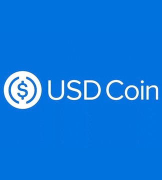 The image displays a blue background featuring the white USDC logo (a dollar sign inside parentheses) alongside the text "USD Coin," representing Circle's stablecoin as it prepares to launch on the Bitcoin network through a partnership with Alpen.