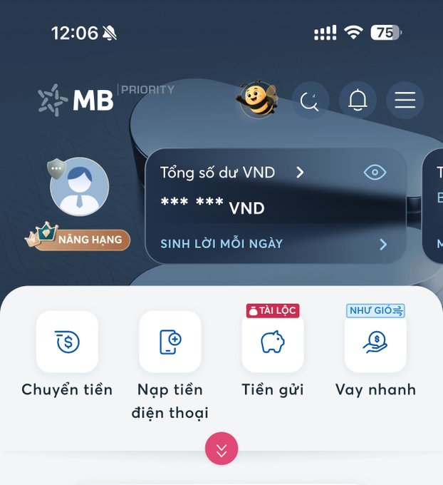 A screenshot of the MB Priority banking app in Vietnamese, showing the total balance in VND (partially redacted), with options for transferring money, topping up mobile, saving, and quick loans.
