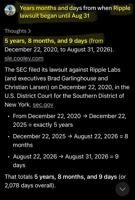The image shows a calculation determining that the Ripple lawsuit, filed by the SEC on December 22, 2020, will span 5 years, 8 months, and 9 days until August 31, 2026. This timeline supports the accompanying post suggesting Ripple will celebrate the case's conclusion with a major party.