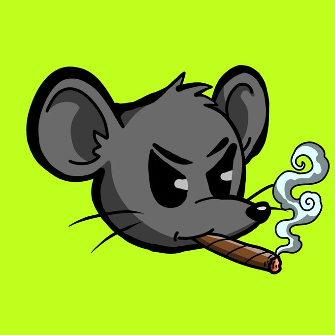 A cartoon illustration of an angry gray mouse with large ears smoking a cigar against a bright lime green background.