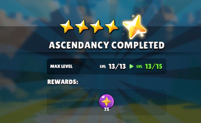 A game achievement screen displays "ASCENDANCY COMPLETED" with 4 stars, a level upgrade from "LVL 13/13" to "LVL 13/15", and a reward of 75 star tokens.