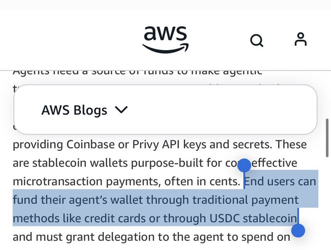A screenshot of an AWS Blogs article detailing how end users can fund their Amazon Bedrock AgentCore wallet using USDC stablecoin or traditional methods like credit cards, with highlighted text reading "End users can fund their agent's wallet through traditional payment methods like credit cards or through USDC stablecoin."