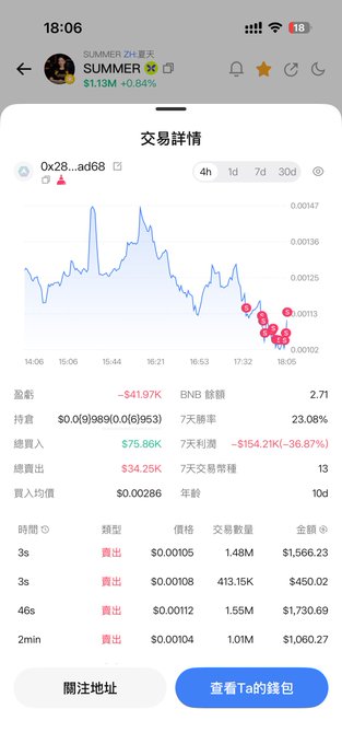 A mobile trading interface in Chinese showing a token 'SUMMER' with a 4-hour price chart displaying red downward trend, profit/loss details in BNB, and recent transaction history with red sell orders.