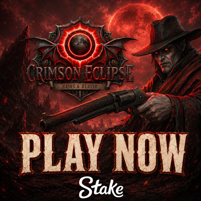An advertisement for a Stake.com game titled 'CRIMSON ECLIPSE: GUNS & BLOOD' featuring a gothic gunslinger character and a 'PLAY NOW' call-to-action.