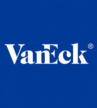 The image displays the VanEck logo in white text on a solid blue background, representing the investment management firm that issued the bullish $200B Bitcoin price forecast referenced in the accompanying post.