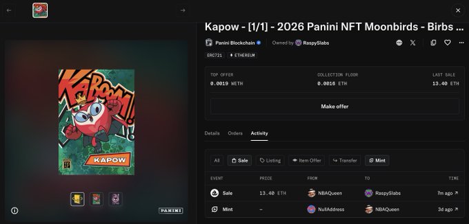 An NFT marketplace listing showing "Kapow - [1/1] - 2026 Panini NFT Moonbirds - Birds" with a sale price of 13.40 ETH, owned by RaspySlabs on the Panini Blockchain.