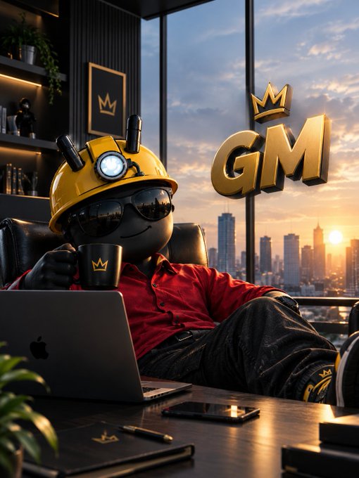 A character wearing a yellow hard hat with a headlamp and sunglasses reclines in a chair holding a black mug with a gold crown logo, with a MacBook on the desk and a large gold "GM" crown logo visible by the window overlooking a city.