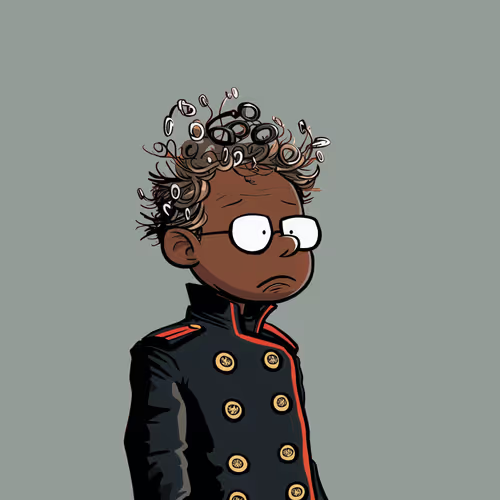 A digital illustration/cartoon of a character with curly hair and glasses wearing a dark military-style jacket with gold buttons and red trim, rendered against a plain teal background.