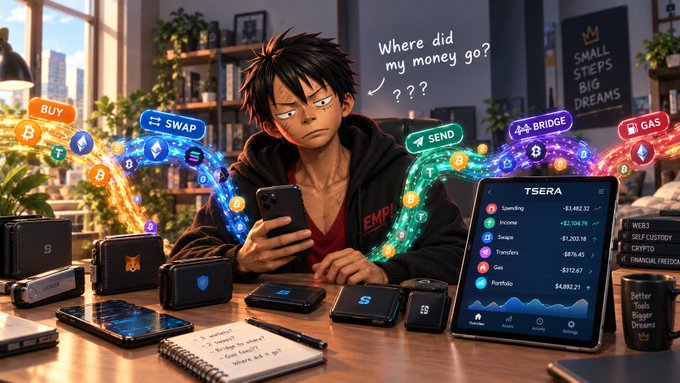 A young man stares at his phone with a puzzled expression, surrounded by multiple crypto wallets and floating labels like "BUY," "SWAP," "SEND," "BRIDGE," and "GAS," while a tablet displays "TSERA" with a declining "Portfolio" balance of $4,892.21, perfectly illustrating the chaotic experience of managing scattered crypto transactions across various wallets.