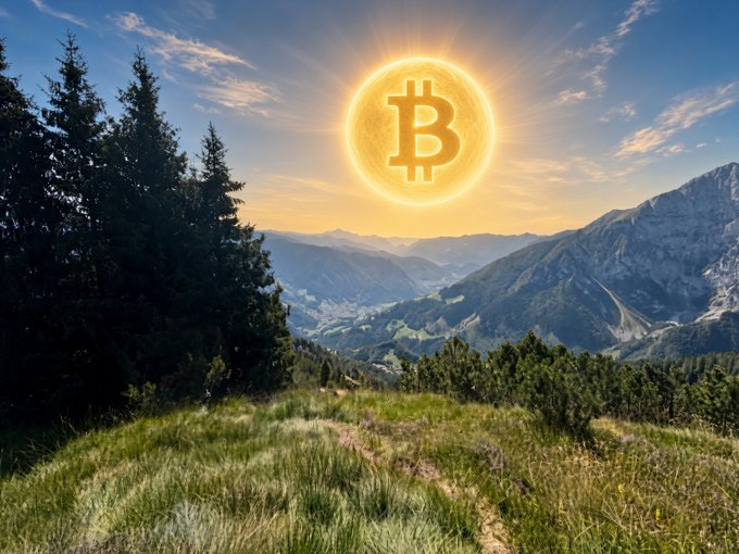 A Bitcoin logo glows brightly like the sun over a scenic mountain landscape with evergreen trees and a grassy trail in the foreground.