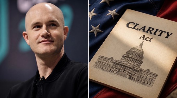 A split image showing Coinbase CEO Brian Armstrong on the left and a document titled 'CLARITY Act' resting on an American flag on the right.