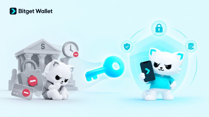 A Bitget Wallet advertisement illustration showing two cartoon cat mascots, one with a bank/finance theme and another holding a phone with a key symbol, emphasizing security features.