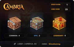 A Cambria game lobby screen displaying 'READY SCORE 1' and 'CARD SCORE 23' above three ornate decorative chests labeled COMMON, EPIC, and LEGENDARY.