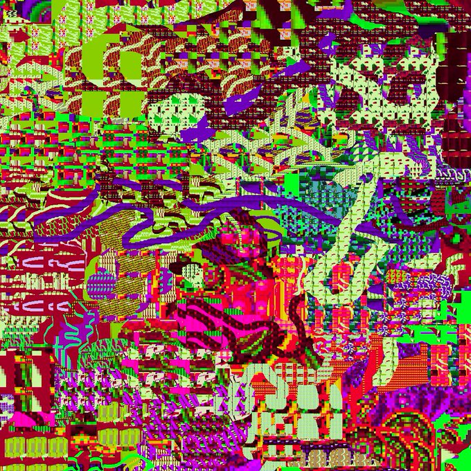 An abstract, highly colorful digital collage features chaotic patterns and shapes in vibrant greens, pinks, purples, and yellows.