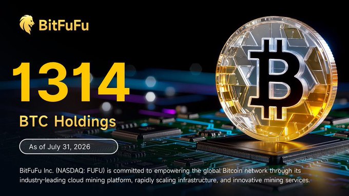 A BitFuFu promotional image displaying '1314 BTC Holdings' as of July 31, 2026, alongside a large gold Bitcoin coin, noting the company is listed on NASDAQ as FUFU.