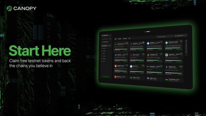 A Canopy promotional banner reading 'Start Here - Claim free testnet tokens and back the chains you believe in' with a green-themed dashboard interface mockup.