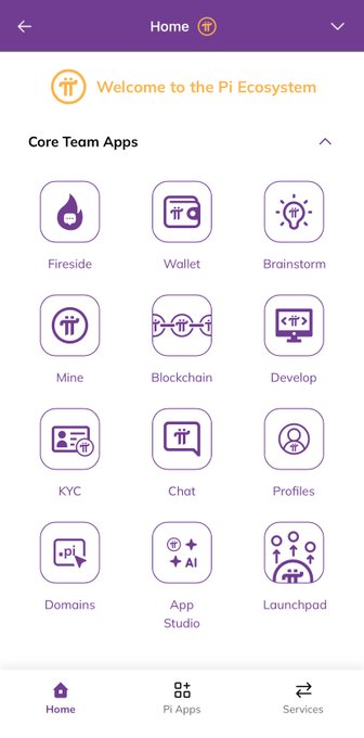 Screenshot of the Pi Network Home screen displaying the Core Team Apps section, including icons for Fireside, Wallet, Brainstorm, Mine, Blockchain, Develop, KYC, Chat, Profiles, Domains, App Studio, and Launchpad, with a bottom navigation bar featuring Home, Pi Apps, and Services tabs.
