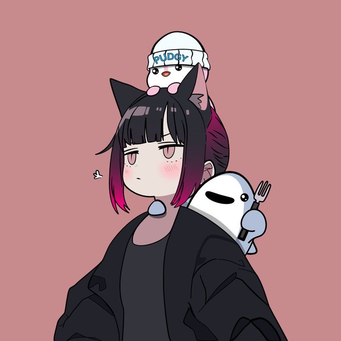 An anime-style illustration shows a cat-eared character with dark hair and pink-tipped bangs, accompanied by a small white creature wearing a "PUDOX" beanie on their head and another white plush-like companion on their shoulder, set against a pink background. The image relates to the post as a welcoming return avatar, with the character's relaxed yet slightly aloof expression mirroring the casual "good morning" tone of checking back in after time away from the crypto space.