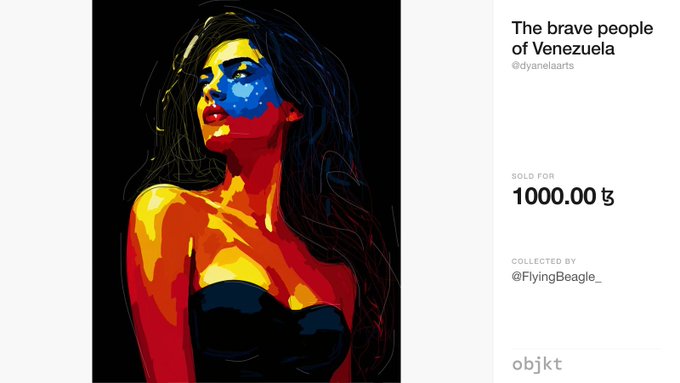A stylized pop-art digital portrait of a woman with the yellow, blue, and red colors of the Venezuelan flag painted on her face and body, titled 'The brave people of Venezuela' by @dyanelaarts, sold for 1000.00 ₳ on objkt.