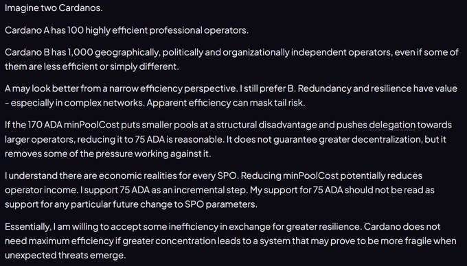 A block of text discussing Cardano cryptocurrency network parameters, specifically arguing for reducing the minPoolCost from 170 ADA to 75 ADA to favor decentralization and resilience over pure efficiency.