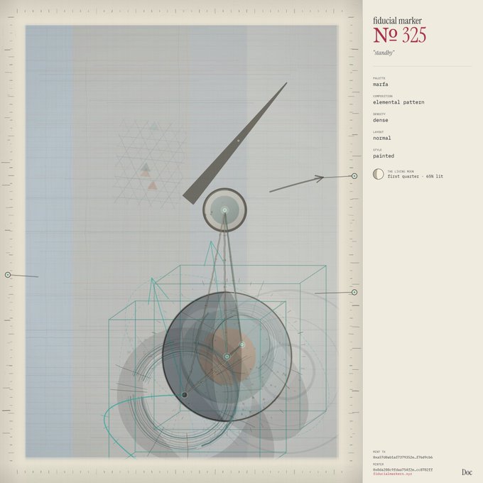 An abstract digital artwork labeled 'fiducial marker No 325' with text indicating 'STAND-BY', 'FRAGILITY: mafia', 'COMPOSITION: elemental pattern', 'DENSITY: dense', 'LAYOUT: normal', and 'STYLE: painted'.