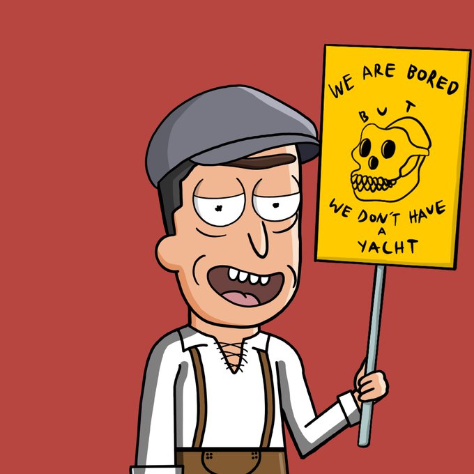 A cartoon character in a flat cap and suspenders holds a yellow protest sign with a skull that reads 'WE ARE BORED BUT WE DON'T HAVE A YACHT'.