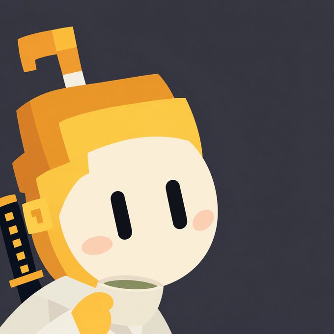 A minimalist illustration of a character with an orange geometric helmet or hat, simple oval eyes, and pink blushing cheeks, holding a cup against a dark background.