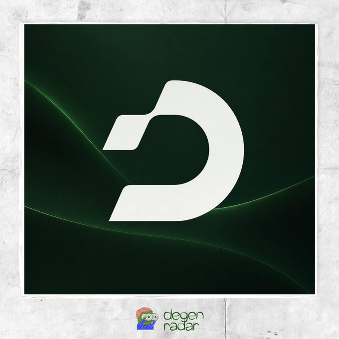 The image features a stylized white "D" logo on a dark green background with subtle light streaks, displayed above a "degen radar" watermark with a small pixel-art character, representing the Degen Radar platform spotlighting $DRIP token with a $230K market cap and the contract address 0x1151043399A734Ca7c0ae711714ff8428fAd7777, associated with MoriCapital's Robinhood portfolio management initiative.