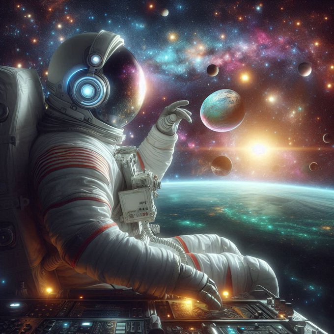 A digital artwork of an astronaut in a white spacesuit reaching out toward distant planets and a vibrant, star-filled galaxy while seated at a control panel.