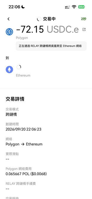 A smartphone screenshot of a cryptocurrency transaction in progress, showing '−72.15 USDC.e' bridging from Polygon to Ethereum via Relay.