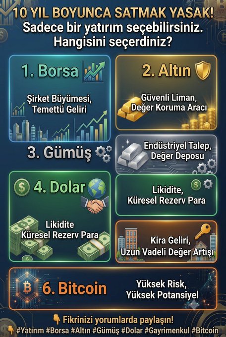 Turkish investment comparison infographic titled "10 YIL BOYUNCA SATMAK YASAK!" (Selling is forbidden for 10 years!), presenting six options—Borsa, Altın, Gümüş, Dolar, Gayrimenkul, and Bitcoin (₿)—each with brief descriptions of their benefits or risks. The post asks followers to choose just one investment to hold for a decade, and the image visually organizes the choices with icons and tags like #Yatırım #Borsa #Altın #Gümüş #Dolar #Gayrimenkul #Bitcoin.