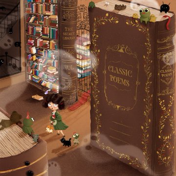 The image features a girl standing next to an open book with a large title that reads "Classic Poems" at the top, surrounded by various bookshelves filled with books of different sizes and colors. The girl appears to be holding a small cat in her arms as she looks down at the book. In the background, there is a mysterious gate with a keyhole visible on it.