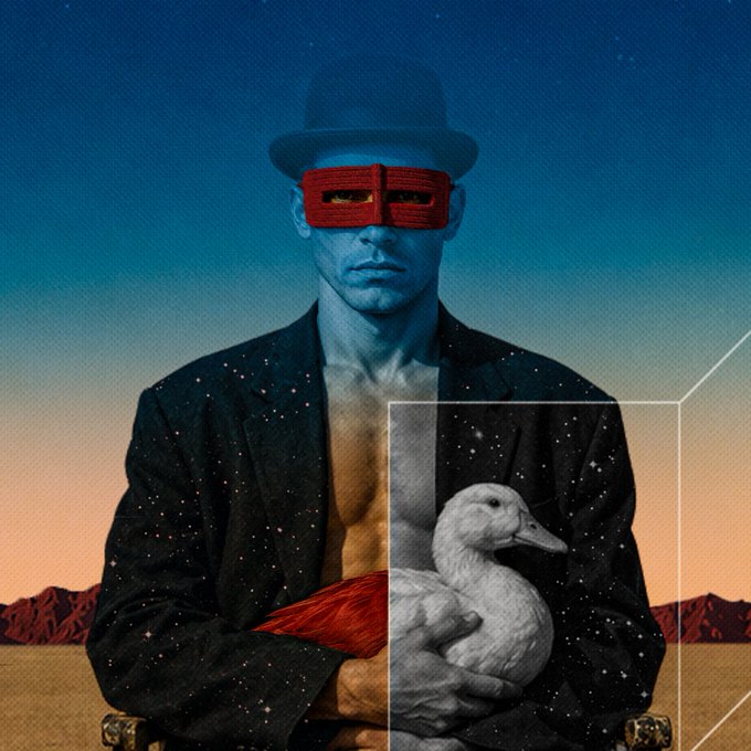 A surreal digital artwork featuring a man wearing a blue hat and a red slatted mask, holding a white swan inside a transparent box against a desert landscape background.