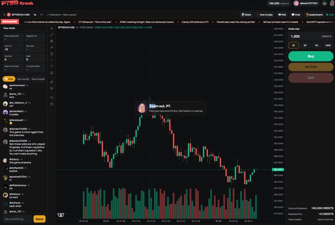 A screenshot of a 'PTS Crash' crypto trading platform displaying a price chart for '$PTS', a chat window, and buy/sell buttons with a 1,000 credit order.