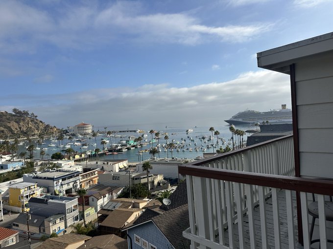 The image shows a view of a city from an elevated position, possibly a balcony or deck area. In the background, there are several boats docked at a harbor with palm trees nearby. The sky above appears cloudy, suggesting that the weather might be overcast. The photo is captioned "GM @monad is the chain God bless", which could be a reference to the cruise ship in the harbor or possibly an unrelated event.