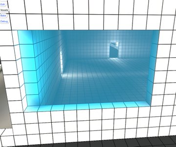 A screenshot from a level editor (likely "Spacechem" or similar) shows a room constructed with grid-patterned wall blocks, where a recessed area is filled with glowing cyan-blue translucent tiles resembling a stained glass window or illuminated pool. The "Edit," "Walls," "Base," and "Debug" menu options are visible in the top-left corner, while the caption celebrates the creative achievement of building a stained glass effect in the editor.
