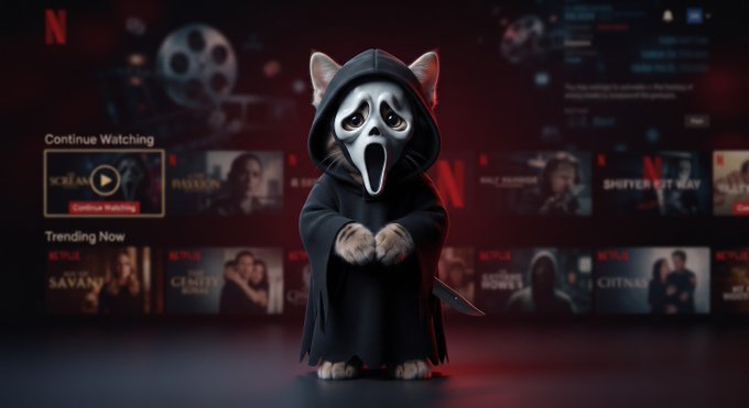 Netflix interface featuring a cute cat dressed in a Ghostface (Scream) costume and mask, with 'Continue Watching' and 'Trending Now' sections visible.