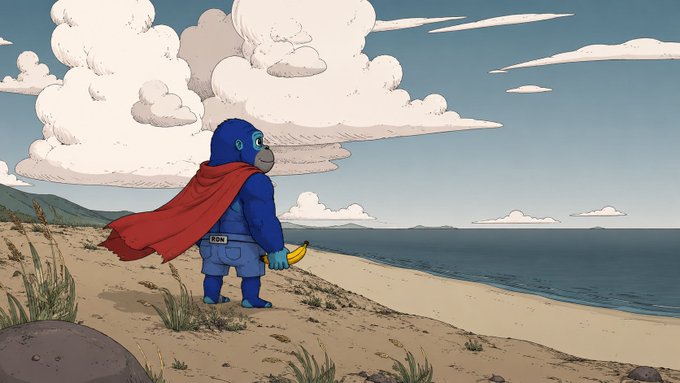 A cartoon illustration of a blue gorilla wearing a red cape and holding a banana, standing on a grassy cliff overlooking the ocean.