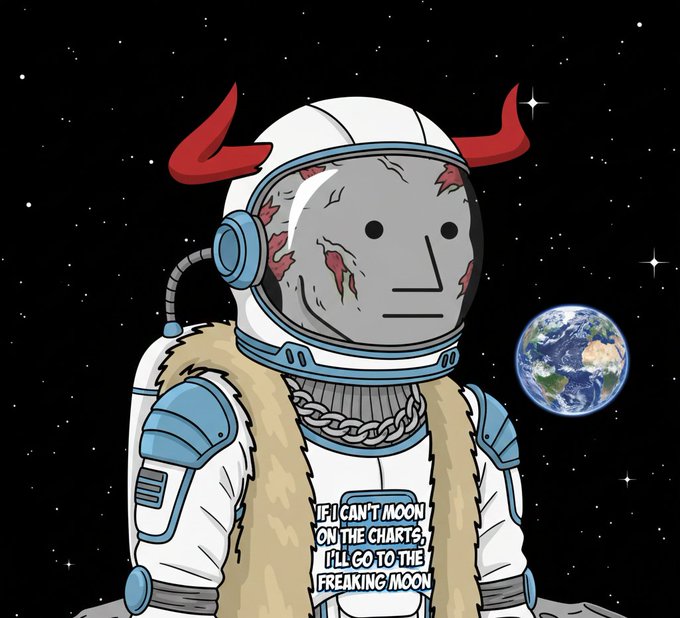 A cartoon astronaut with red horns and blood splatters on the helmet wears a shirt reading "IF I CAN'T MOON ON THE CHARTS, I'LL GO TO THE FREAKING MOON," floating in space with Earth in the background.
