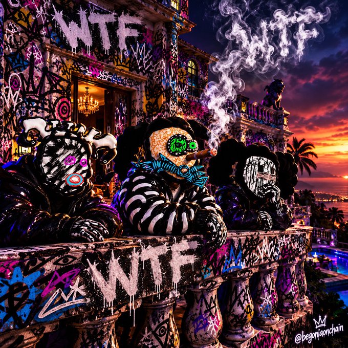 Digital artwork titled 'WTFRich' by @begoniaonchain, depicting three stylized figures with money-themed and graffiti-covered faces on a balcony overlooking a sunset with the letters 'WTF' formed in smoke.