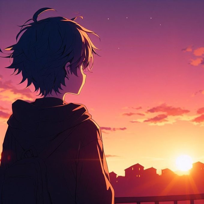 Anime-style illustration of a young person with messy hair looking at a vibrant sunset over a cityscape.