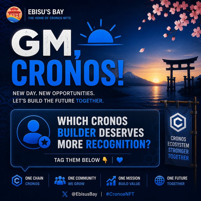 A promotional graphic for Ebisu's Bay reading 'GM, CRONOS!' with cherry blossoms and a Japanese torii gate at sunset, asking 'WHICH CRONOS BUILDER DESERVES MORE RECOGNITION?' alongside hashtags #CronosNFT and @EbisusBay.