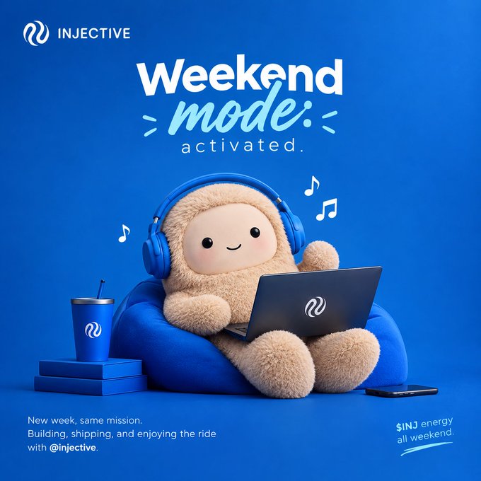 A promotional graphic for Injective featuring a cute plush character wearing blue headphones and using a laptop on a bean bag, with text reading 'Weekend mode: activated' and 'INJ energy all weekend.'