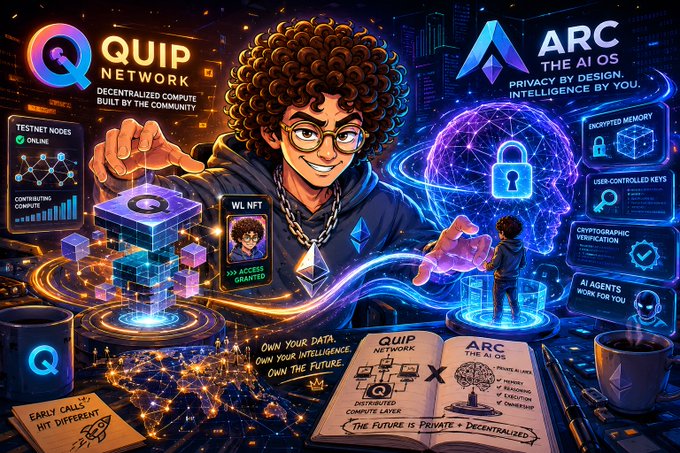 The image features an illustration of a man with curly hair, wearing glasses, holding a book and a cup while standing next to a computer screen displaying Quip NFT whitelist access information. The background shows a cityscape filled with buildings and neon lights, creating a futuristic atmosphere. The caption below the image reads: "While most people are focused on the growing hype around Quip NFT whitelist access, the bigger story may be what projects like Quip and ARCTerminal are quietly building behind the scenes".