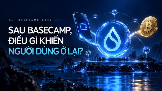A Vietnamese promotional banner for 'SUI BASECAMP 2026' asking 'SAU BASECAMP, ĐIỀU GÌ KHIẾN NGƯỜI DÙNG Ở LẠI?' with imagery of a smartphone, a water drop logo, and a Bitcoin.