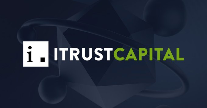 The image displays the iTrustCapital logo in white and green text against a dark blue background featuring an abstract geometric sphere design. The branding aligns with the post's promotion of iTrustCapital's Crypto IRA service, which allows investors to hold cryptocurrencies like XRP and physical gold in a tax-advantaged retirement account.