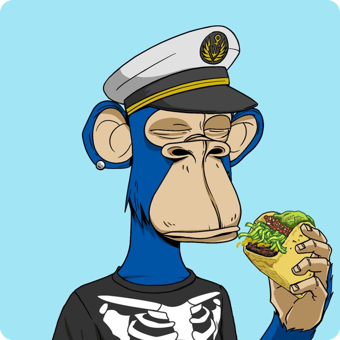 An NFT-style cartoon illustration of a blue-furred ape wearing a captain's hat and a skeleton shirt, eating a taco against a light blue background.