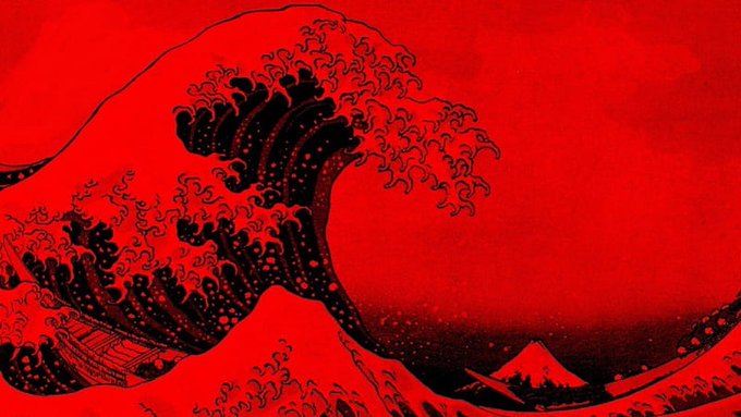 A stylized rendition of Hokusai's 'The Great Wave off Kanagawa' rendered entirely in red and black tones.