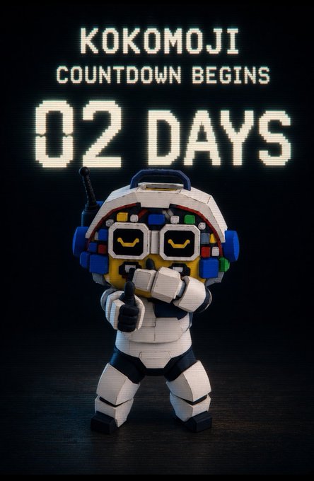 A promotional graphic for 'KOKOMOJI' showing a countdown of '02 DAYS' above a 3D-rendered astronaut character with colorful goggles.